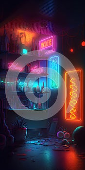3d illustration of neon bar interior. Night club with neon lights.