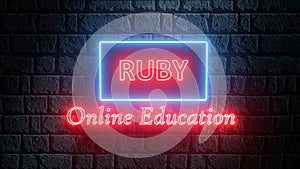 3D illustration of neon Ruby online education. Learn to code Ruby programming language. Glowing Ruby concept banner