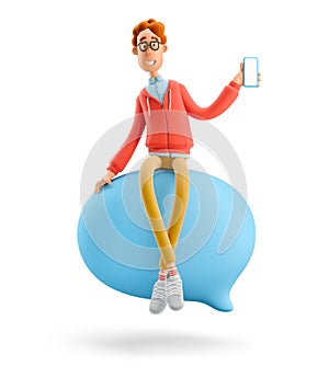 3d illustration. Nerd Larry sits on a bubble talk. Social media concept. photo