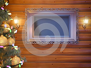 3D illustration New year interior with Christmas tree, presents