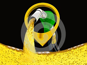 3D illustration, nozzle pumping gasoline in a tank, of fuel nozzle pouring gasoline over white background. photo