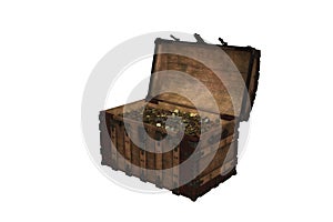 3D illustration of an old wooden treasure chest with open lid showing gold coins isolated on a white background