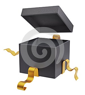 3D illustration. Open black gift box with yellow gold bow