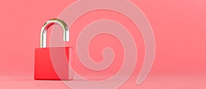 3D illustration. Open padlock on an red background.