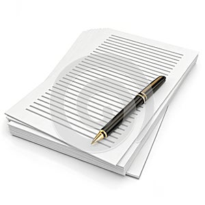 3D illustration of papers and pen icon isolated on white background