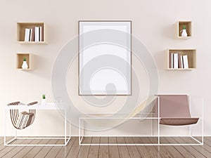 3D illustration of poster frame template, workspace mock up, background typography, up