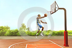 3d illustration professional basketball player layup on the streets, city park at blue sky