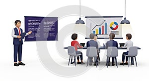 A 3D illustration of Professional business presentation with data visualization and interactive learning session
