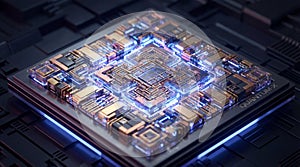 3D Illustration of Quantum Computer Chip, Macro view - Generative AI