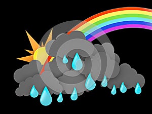 3d illustration of Rainbow, Rainclouds and Sun with water drops on black background