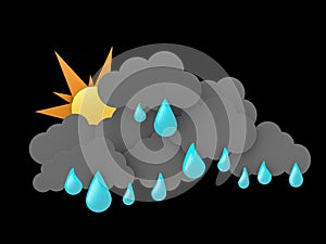 3d illustration of Rainclouds and Sun with water drops on black background.