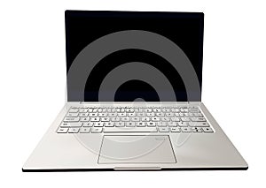 3D illustration of realistic laptop isolated on the white background. Computer with the full keyboard  letters  and signs on