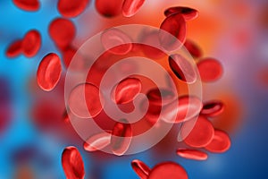 3d illustration of red blood cells erythrocytes under a microscope on blue background. Scientific medical concept photo