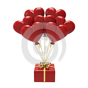 3D illustration red gift and hearts air balloons