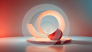 3D illustration of a red half-sphere on a round platform, with a white spiral and a white circle behind it. The scene is