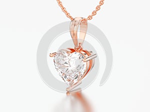 3D illustration red rose gold big heart diamond necklace on chain