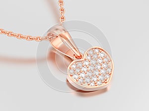 3D illustration red rose gold diamond heart necklace on chain
