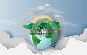 3D illustration of reindeer in green trees forest,Creative design world environment and earth day concept idea.landscape Wildlife
