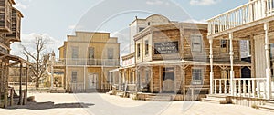 3D illustration render of an empty street in an old wild west town with wooden buildings