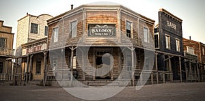 3D illustration render of an empty street in an old wild west town with wooden buildings