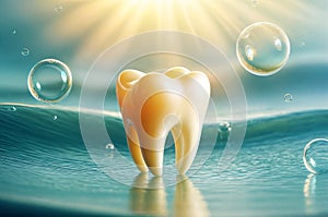3d illustration render of a tooth floating in a bubble-filled water,