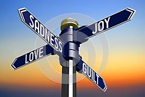 Joy, sadness, love, guilt - signpost with four arrows - emotions0 photo