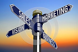 Sales, vision, marketing, business - signpost with four arrows