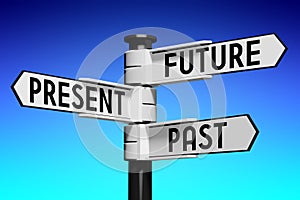 Future, present, past concept - signpost with three arrows