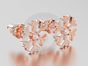 3D illustration rose gold diamond snowflake stud earrings