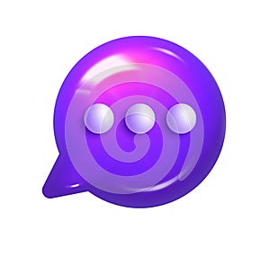 3d illustration of round lilac realistic speech bubble icon with three dots. Mesh vector talking cloud. Glossy chat high