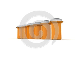 3D illustration of row of pharmaceutical bottles