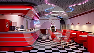 3D illustration of a 1950s vintage American diner interior photo