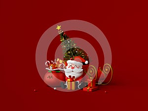 Santa Claus with sleigh and gift bag on red background