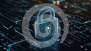 3D Illustration of a Secure Digital Padlock Surrounded by Binary Code and Circuit Patterns, generative ai