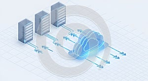 3D Illustration of Servers Syncing Data to Cloud Storage