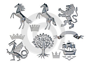 3D illustration set of silver heraldic symbols. Lion, horse, tree, ribbon, crown, ship, dragon