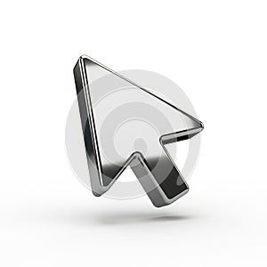 This is a 3d illustration of a shiny metallic computer mouse cursor pointer