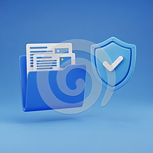 Blue Folder with Documents and Shield Icon with Checkmark on Blue Background files data