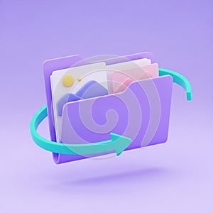 3D Folder Icon with Documents and a Circular Arrow Symbolizing Transfer files data