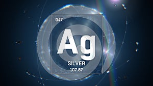Silver as Element 47 of the Periodic Table 3D illustration on blue background