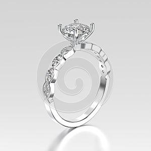 3D illustration silver ring with diamonds with reflection