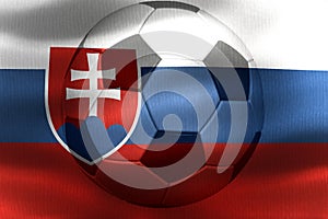 3D-Illustration of a Slovakia flag with a soccer ball moving in the wind