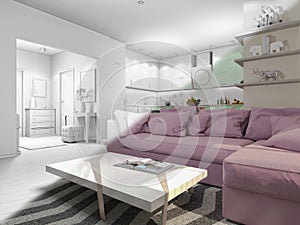 3d illustration of small apartments in pastel colors. Interor design living room and kitchen in modern style