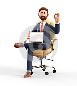 3D illustration of smiling businessman showing blank screen laptop computer and ok gesture. Cartoon man with okay sign in chair.