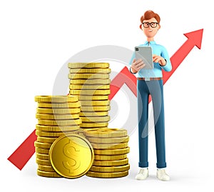 3D illustration of smiling man holding tablet and standing next to a huge stack of gold coins and rising arrow chart.