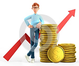 3D illustration of smiling man leaning on a huge stack of gold coins and rising arrow chart. Cartoon standing businessman