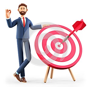 3D illustration of smiling man standing next to a huge target with a dart in the center, arrow in bullseye.