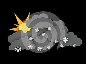 3d illustration of Snowflakes, Rainclouds and Sun on black background