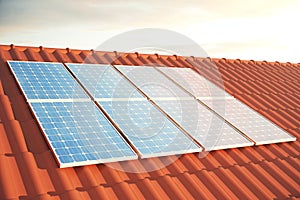 3D illustration solar panels on a red roff, power generation technology. Alternative energy. Solar battery panel modules