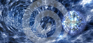 Spaceship with gravitation wheels entering a wormhole photo